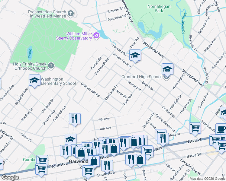 map of restaurants, bars, coffee shops, grocery stores, and more near 7 Arnet Place in Cranford