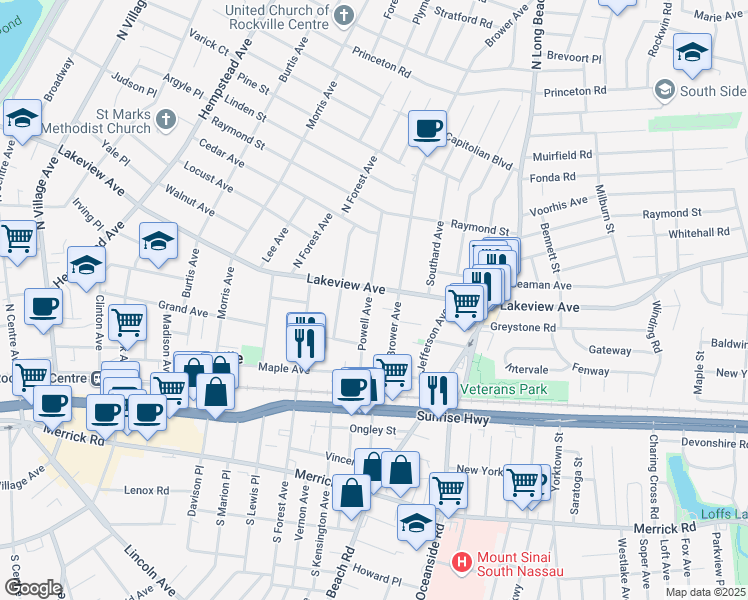 map of restaurants, bars, coffee shops, grocery stores, and more near 67 Powell Avenue in Rockville Centre