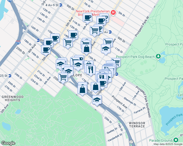 map of restaurants, bars, coffee shops, grocery stores, and more near 72 Windsor Place in Brooklyn