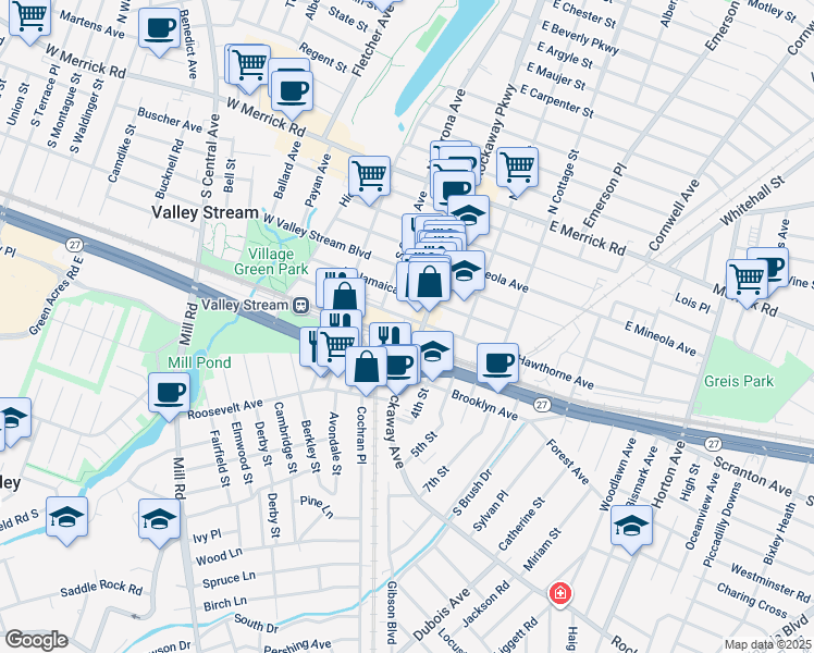 map of restaurants, bars, coffee shops, grocery stores, and more near 47 Sunrise Highway in Valley Stream