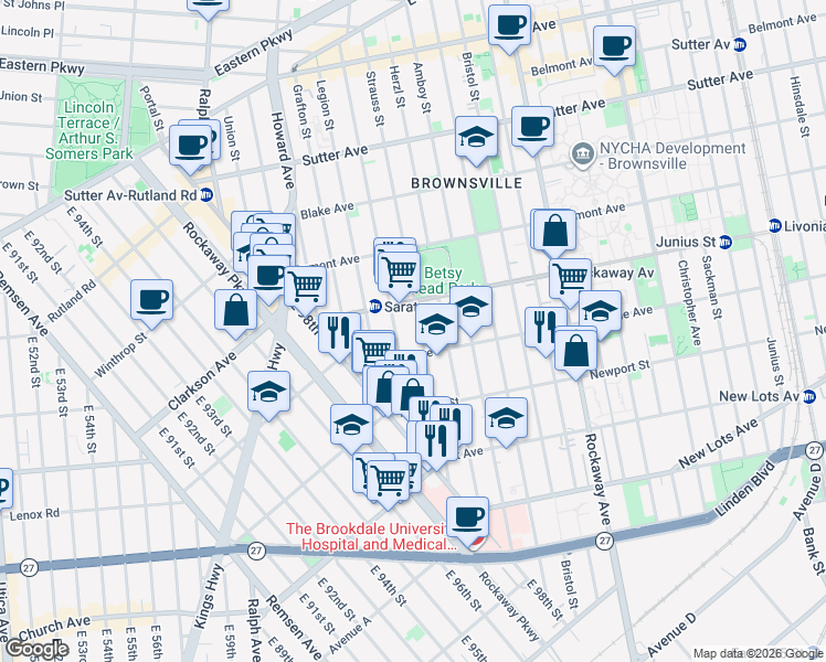 map of restaurants, bars, coffee shops, grocery stores, and more near 77 Riverdale Avenue in Brooklyn