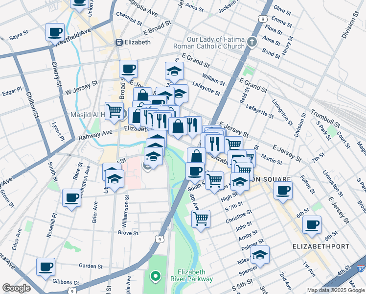 map of restaurants, bars, coffee shops, grocery stores, and more near 1040 Elizabeth Avenue in Elizabeth