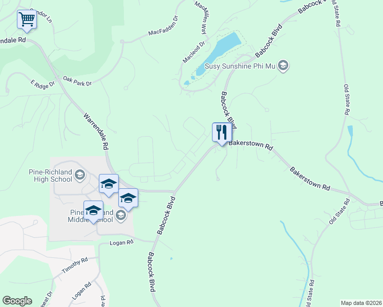 map of restaurants, bars, coffee shops, grocery stores, and more near 11083 Babcock Boulevard in Gibsonia