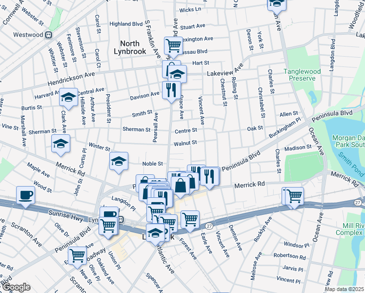 map of restaurants, bars, coffee shops, grocery stores, and more near 84 Walnut Street in Lynbrook