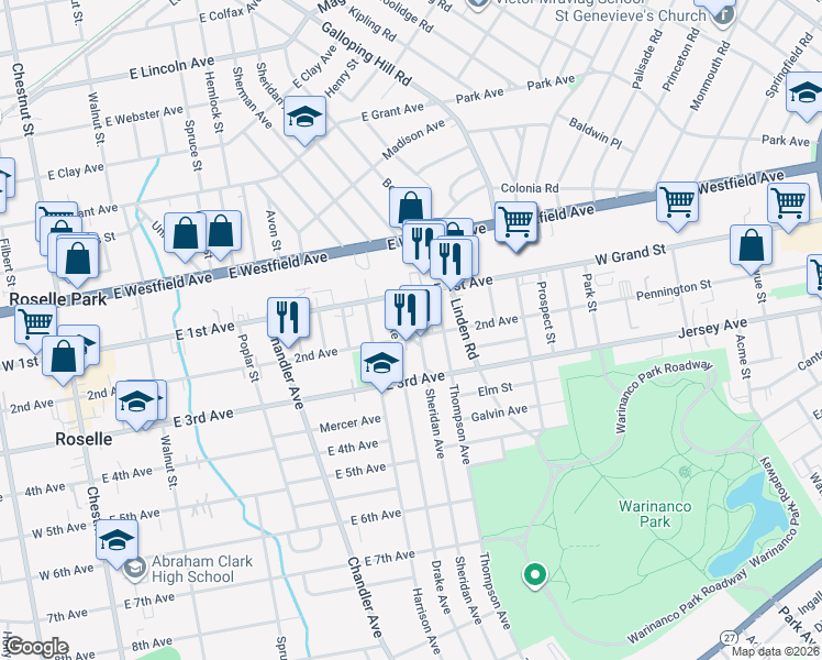 map of restaurants, bars, coffee shops, grocery stores, and more near 528 East 2nd Avenue in Roselle