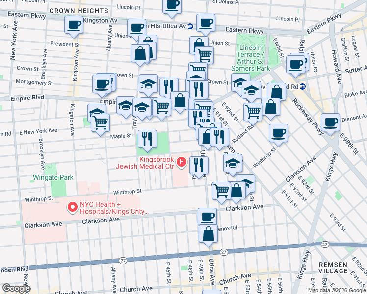 map of restaurants, bars, coffee shops, grocery stores, and more near 796 Rutland Road in Brooklyn