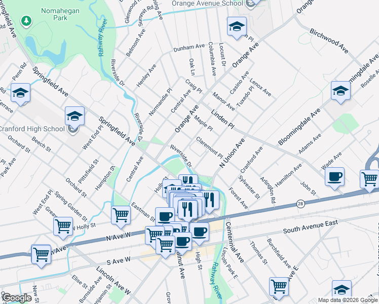 map of restaurants, bars, coffee shops, grocery stores, and more near 22 Casino Avenue in Cranford