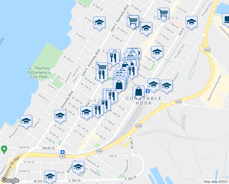 map of restaurants, bars, coffee shops, grocery stores, and more near 10 West 18th Street in Bayonne
