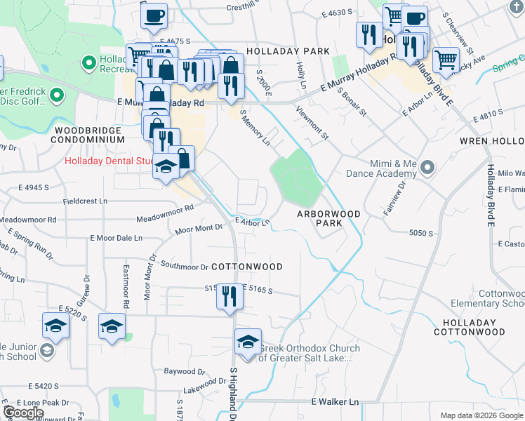 map of restaurants, bars, coffee shops, grocery stores, and more near 4967 S Beverly Court in Holladay