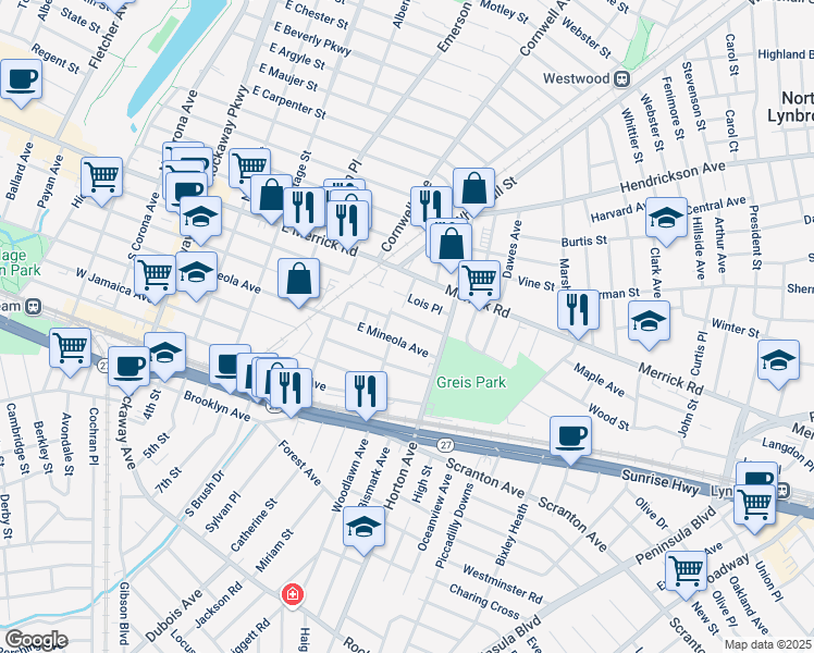 map of restaurants, bars, coffee shops, grocery stores, and more near 207 East Mineola Avenue in Valley Stream