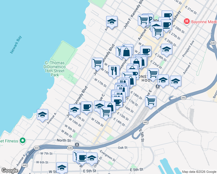 map of restaurants, bars, coffee shops, grocery stores, and more near 392 Avenue C in Bayonne