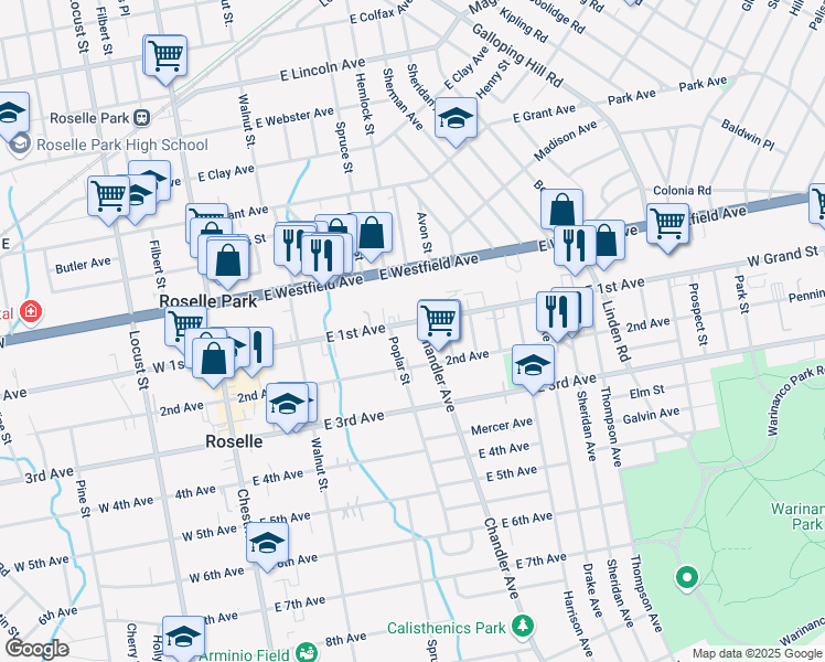 map of restaurants, bars, coffee shops, grocery stores, and more near 318 East 1st Avenue in Roselle