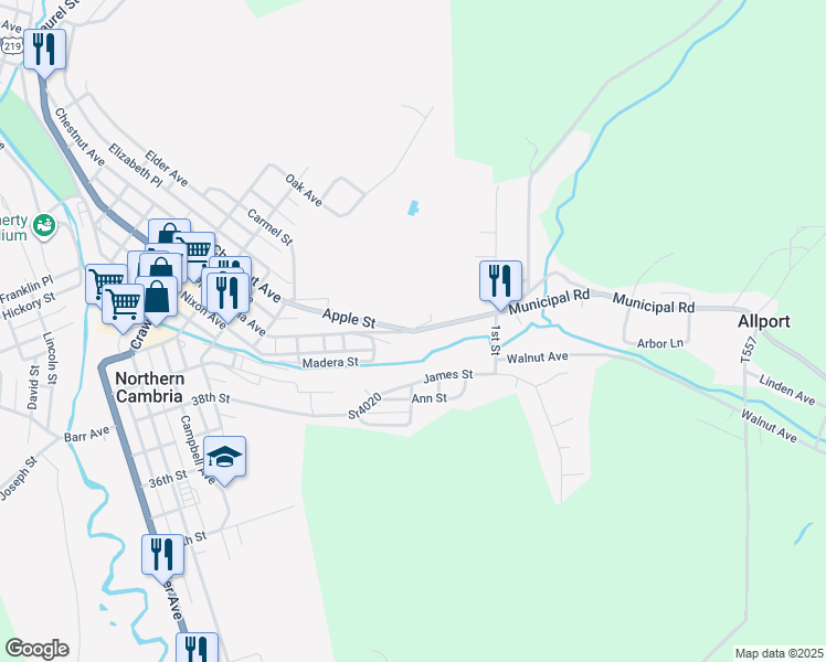 map of restaurants, bars, coffee shops, grocery stores, and more near 200 Philadelphia Avenue in Northern Cambria