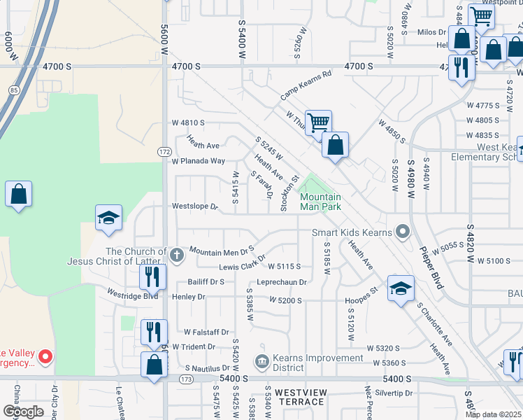 map of restaurants, bars, coffee shops, grocery stores, and more near 5352 Westslope Drive in Kearns