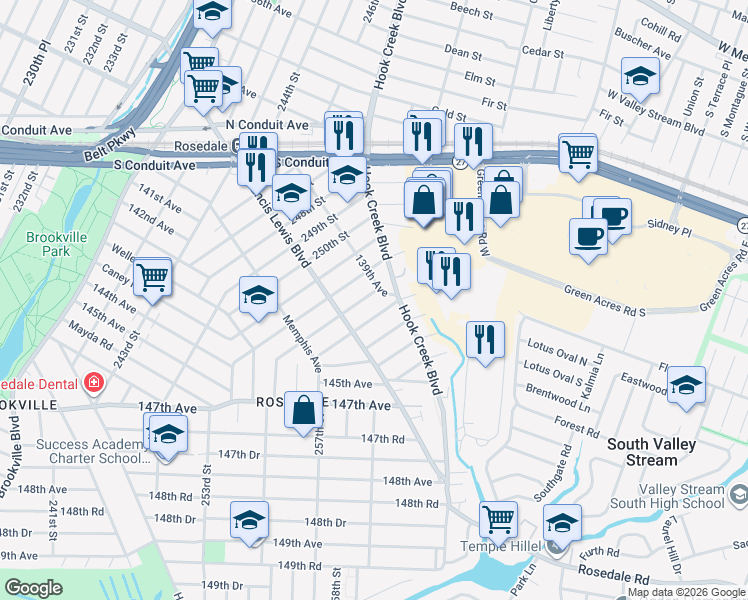 map of restaurants, bars, coffee shops, grocery stores, and more near 139-11 254th Street in Queens
