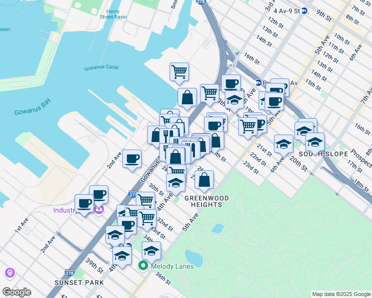 map of restaurants, bars, coffee shops, grocery stores, and more near 170 26th Street in Brooklyn