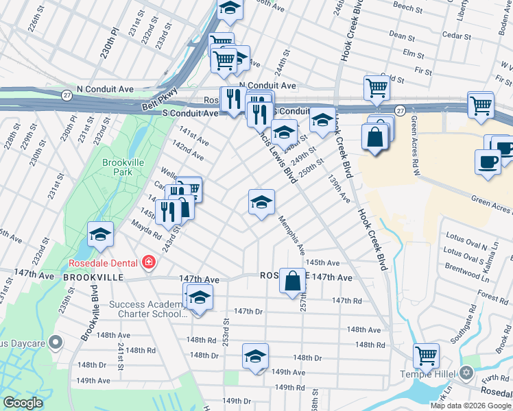 map of restaurants, bars, coffee shops, grocery stores, and more near 142-43 250th Street in Queens