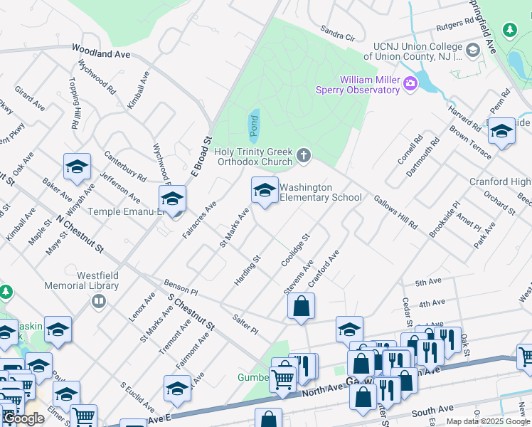 map of restaurants, bars, coffee shops, grocery stores, and more near 900 Saint Marks Avenue in Westfield