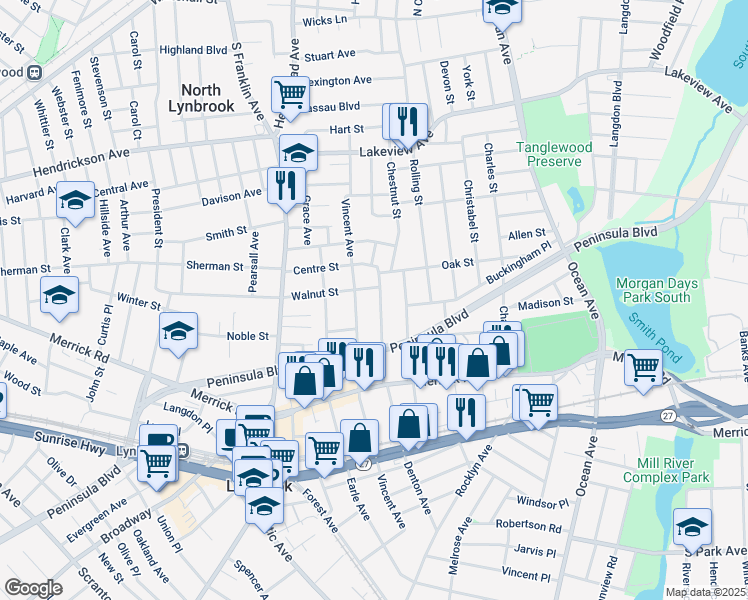 map of restaurants, bars, coffee shops, grocery stores, and more near 268 Denton Avenue in Lynbrook