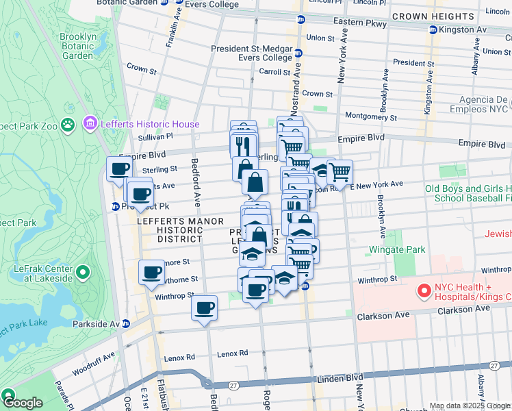 map of restaurants, bars, coffee shops, grocery stores, and more near 469 Rogers Avenue in Brooklyn