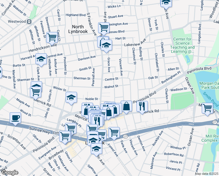 map of restaurants, bars, coffee shops, grocery stores, and more near 29 Devine Street in Lynbrook