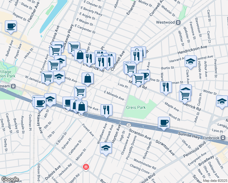 map of restaurants, bars, coffee shops, grocery stores, and more near 207 East Mineola Avenue in Valley Stream