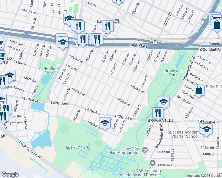map of restaurants, bars, coffee shops, grocery stores, and more near 145-58 229th Street in Queens