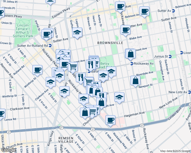 map of restaurants, bars, coffee shops, grocery stores, and more near 822 Saratoga Avenue in Brooklyn