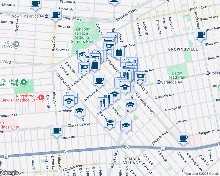 map of restaurants, bars, coffee shops, grocery stores, and more near 229 East 94th Street in Brooklyn