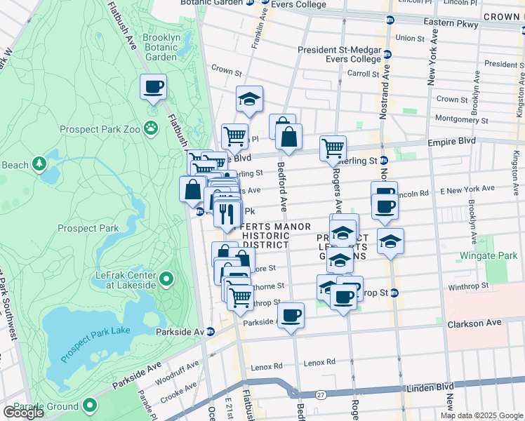 map of restaurants, bars, coffee shops, grocery stores, and more near 130 Lincoln Road in Brooklyn