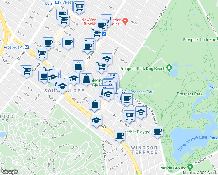 map of restaurants, bars, coffee shops, grocery stores, and more near 107 Windsor Place in Brooklyn