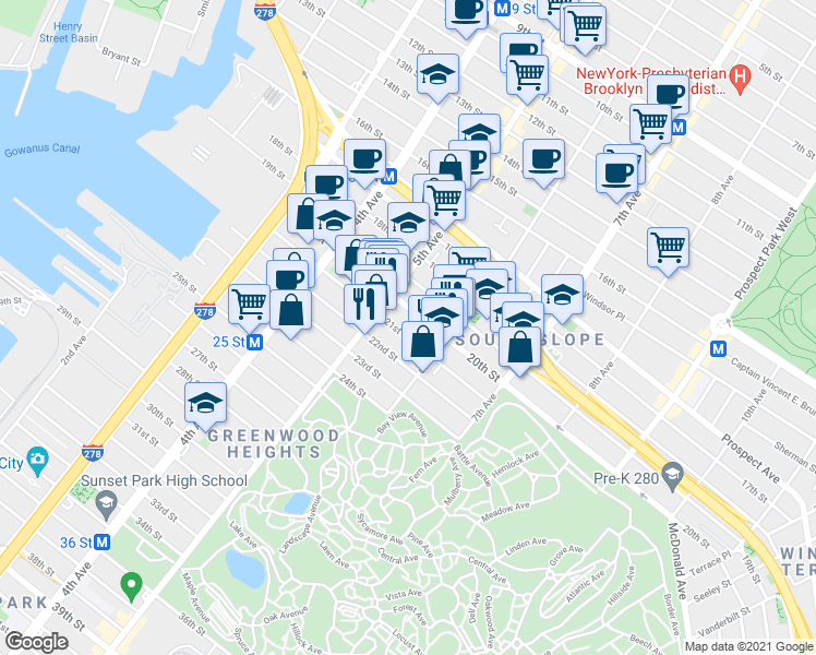 map of restaurants, bars, coffee shops, grocery stores, and more near 283 21st Street in Brooklyn