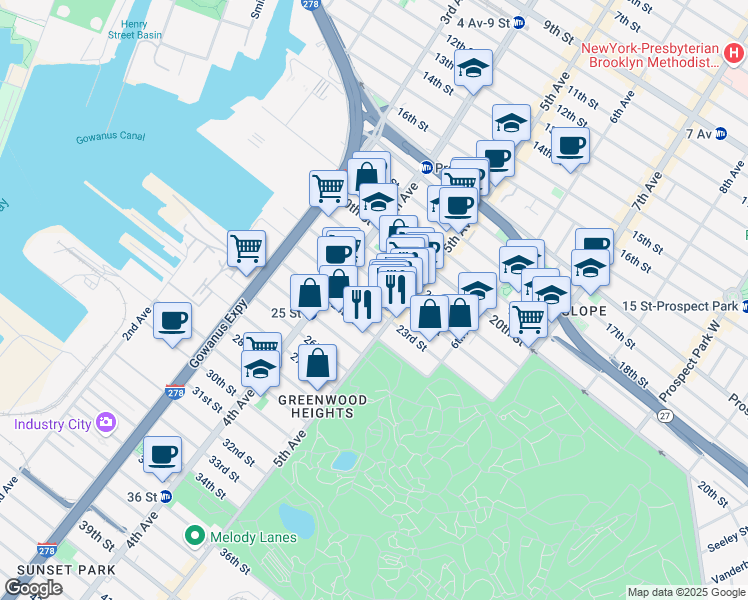 map of restaurants, bars, coffee shops, grocery stores, and more near 229 23rd Street in Brooklyn