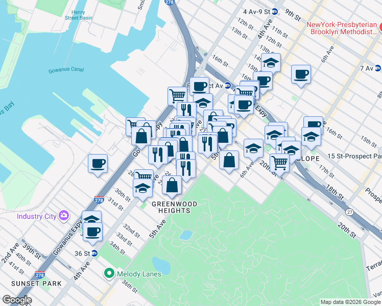 map of restaurants, bars, coffee shops, grocery stores, and more near 281 24th Street in Brooklyn