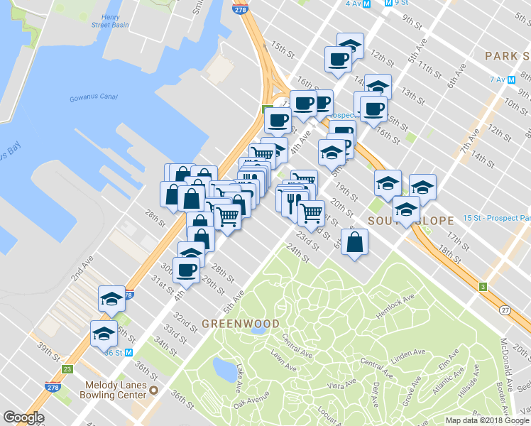 map of restaurants, bars, coffee shops, grocery stores, and more near 281 24th Street in Brooklyn