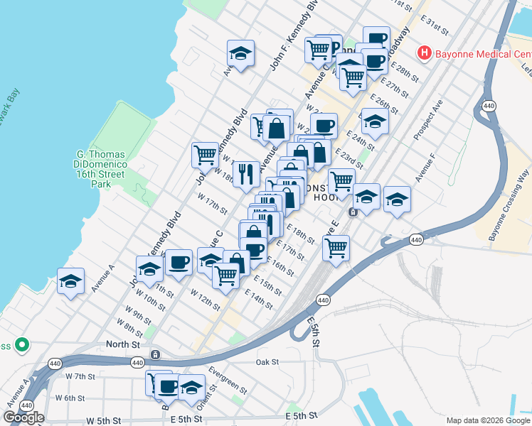 map of restaurants, bars, coffee shops, grocery stores, and more near 24 Andrew Street in Bayonne