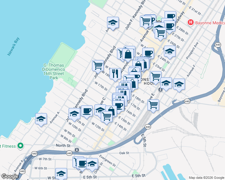 map of restaurants, bars, coffee shops, grocery stores, and more near 392 Avenue C in Bayonne
