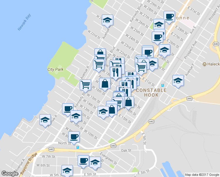 map of restaurants, bars, coffee shops, grocery stores, and more near 392 Avenue C in Bayonne