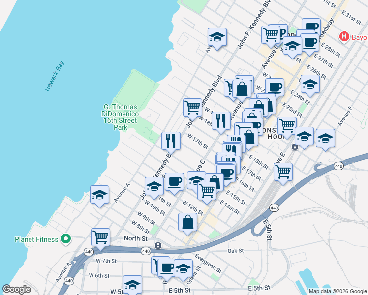 map of restaurants, bars, coffee shops, grocery stores, and more near 97 West 15th Street in Bayonne