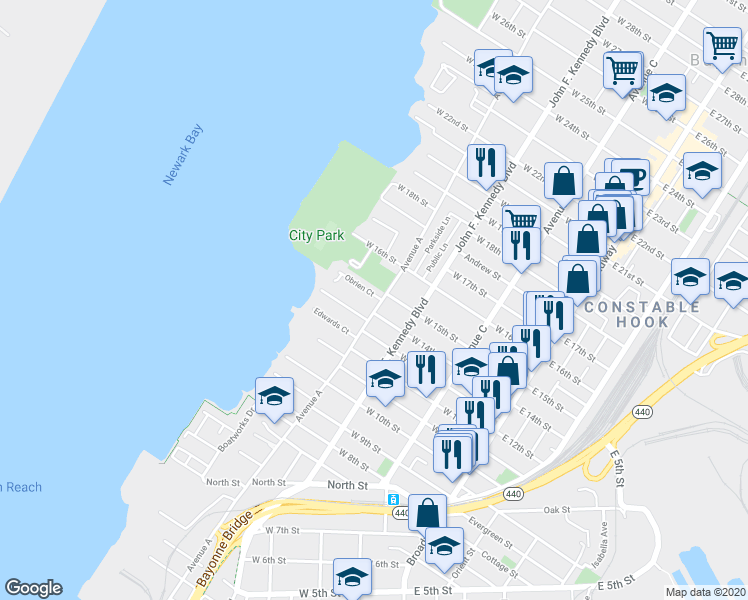 map of restaurants, bars, coffee shops, grocery stores, and more near 351 Avenue A in Bayonne