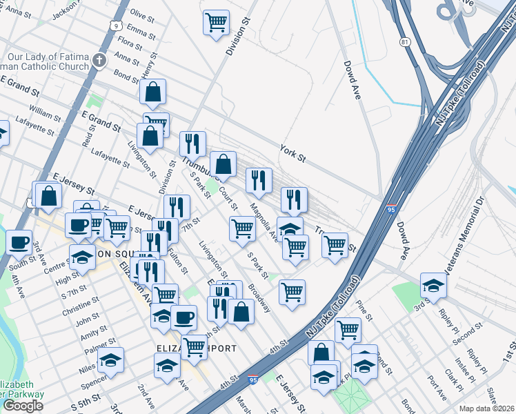 map of restaurants, bars, coffee shops, grocery stores, and more near 615 Magnolia Avenue in Elizabeth