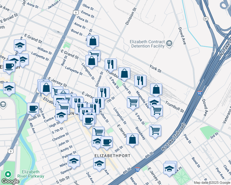 map of restaurants, bars, coffee shops, grocery stores, and more near 122 7th Street in Elizabeth