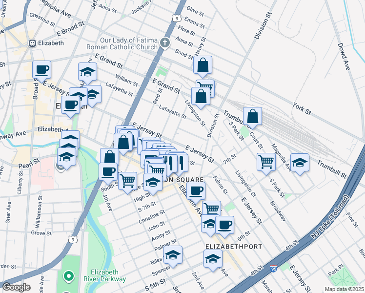map of restaurants, bars, coffee shops, grocery stores, and more near 840 East Jersey Street in Elizabeth