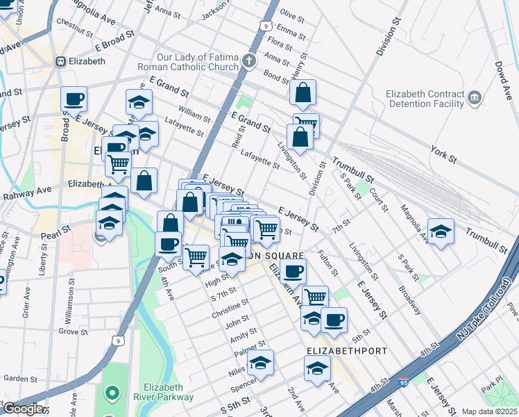map of restaurants, bars, coffee shops, grocery stores, and more near 34 Smith Street in Elizabeth