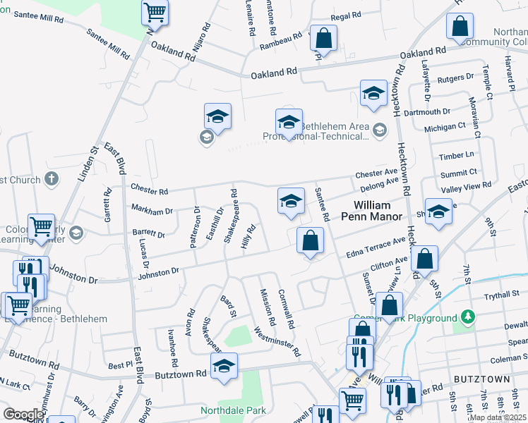 map of restaurants, bars, coffee shops, grocery stores, and more near 3134 Easthill Drive in Bethlehem