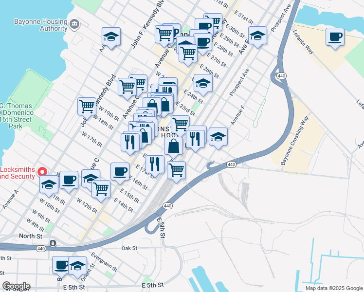 map of restaurants, bars, coffee shops, grocery stores, and more near in Bayonne