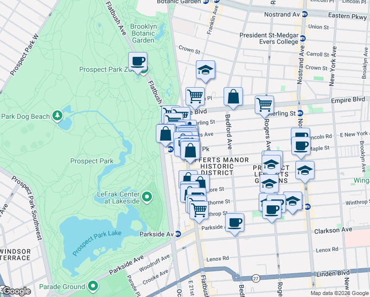 map of restaurants, bars, coffee shops, grocery stores, and more near Flatbush Ave & Lincoln Rd in Brooklyn