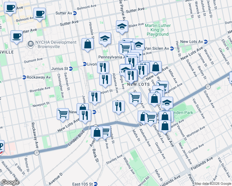 map of restaurants, bars, coffee shops, grocery stores, and more near 296 New Lots Avenue in Brooklyn