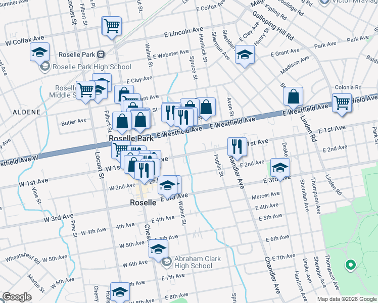 map of restaurants, bars, coffee shops, grocery stores, and more near 228 East 1st Avenue in Roselle