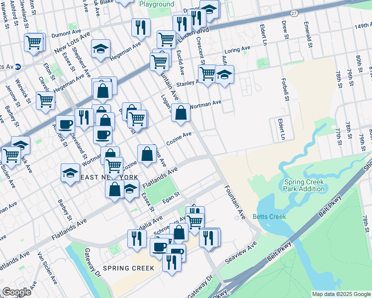 map of restaurants, bars, coffee shops, grocery stores, and more near 1070 Logan Street in Brooklyn